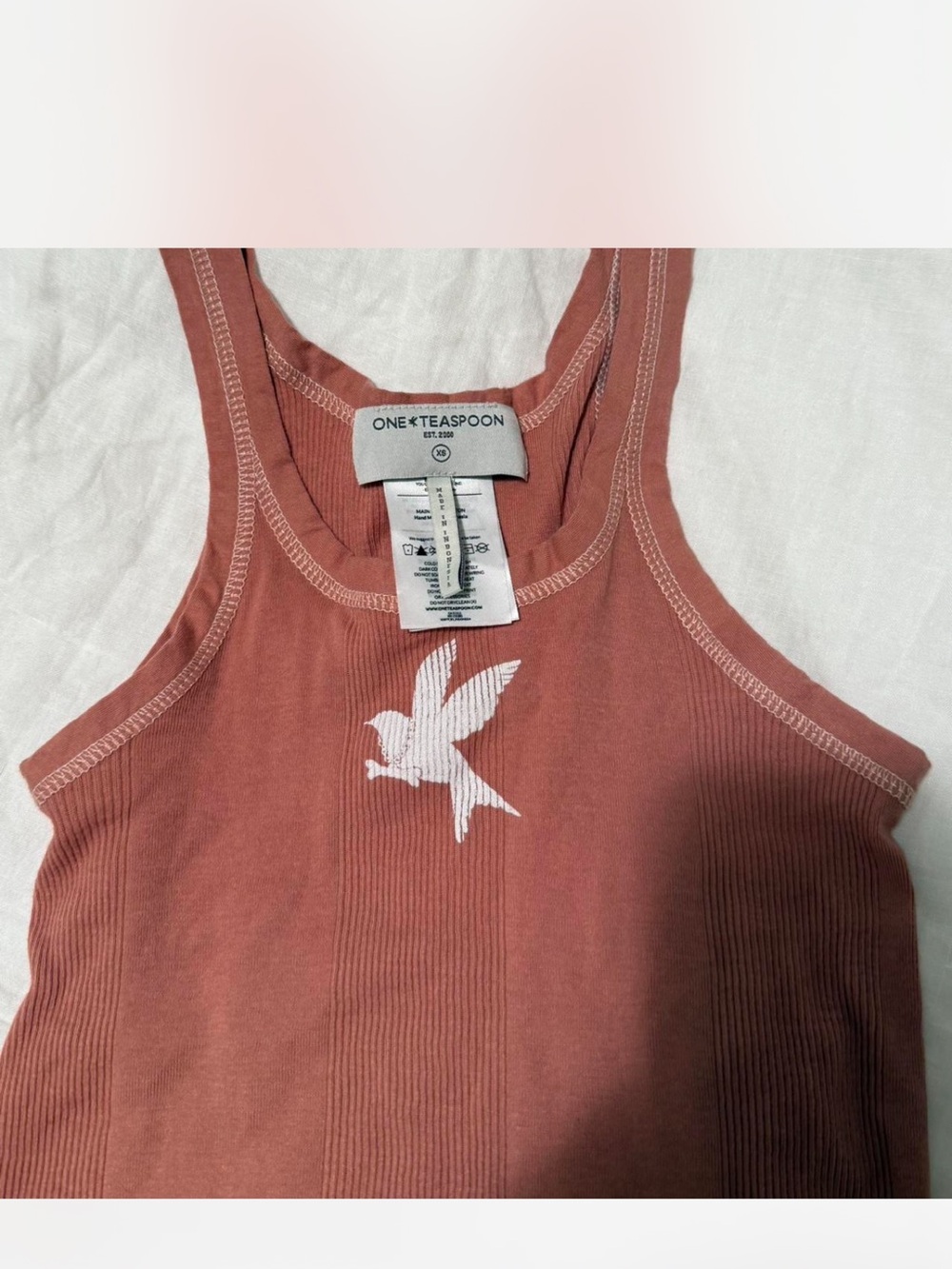One Teaspoon Terracotta Ribbed Tank with White Dove Print